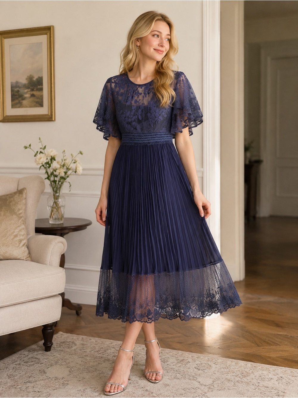 Three Floor Navy Lace & Pleated Midi Dress 2
